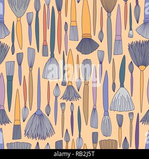 Hand Drawn Artist Brushes Seamless Pattern on Orange, Back to School Wallpaper Stock Vector