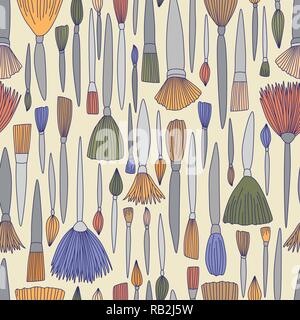 Colorful Artist Brushes Hand Drawn Seamless Pattern Doodle Stock Vector