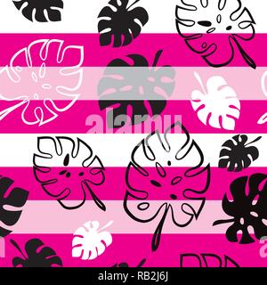 Tropical Monstera Leaf Pattern with Pink Stripes Stock Vector