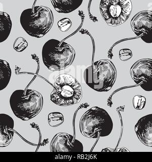 Cherries Graphic Seamless Pattern on Grey Background Stock Vector