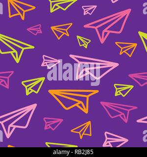 hand drawn paper planes on black background, seamless pattern Stock Vector