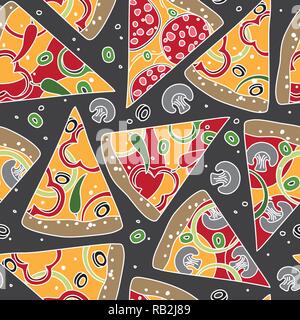 Colorful Pizza Graphic Seamless Pattern on Grey Background Stock Vector