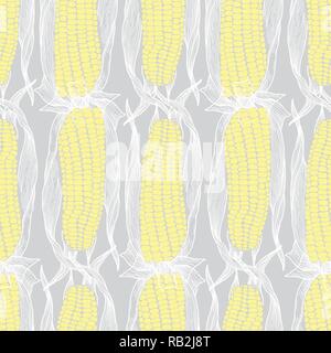 Maize Drawing on Grey. Corn Regular Seamless Pattern in White, Yellow and Grey Stock Vector