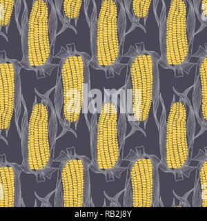 Maize Drawing on Grey. Corn Regular Seamless Pattern in Yellow and Grey Tones Stock Vector