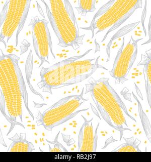 Sweet Corn or Maize Regular Seamless Pattern in White, Yellow and Grey. Nature Wallpaper Stock Vector