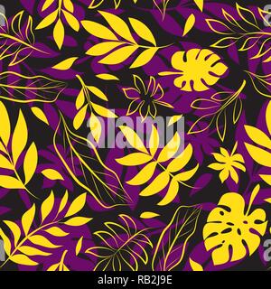 Yellow and Purple Exotic Leaf Seamless Pattern Stock Vector