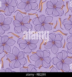 Orange Saffron Threads and Purple Crocus Flowers Line Drawing Seamless Pattern on Purple Background Stock Vector