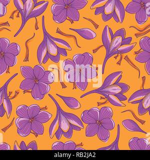 Purple Crocus Flowers and Red Saffron Threads Line Drawing Seamless Pattern on Orange Background Stock Vector