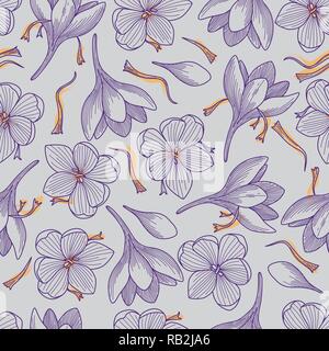 Detailed Purple Crocus Flowers and Saffron Line Drawing Seamless Pattern on Grey Background Stock Vector