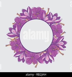 Wreath of Purple Crocus Flowers and Orange Saffron Threads Template on Grey Background Stock Vector