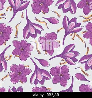 Purple Crocus Flowers and Orange Saffron Threads Line Drawing Seamless Pattern on Grey Background Stock Vector