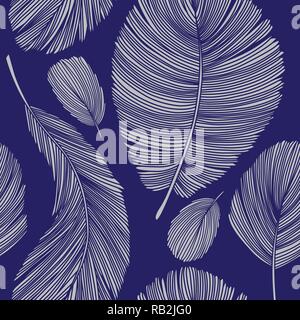 Detailed Grey Feathers Seamless Pattern on Blue Stock Vector