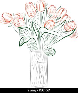 delicate line drawing of vase full of tulips Stock Vector
