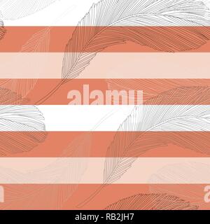 Detailed Grey Feathers Line Drawing Seamless Pattern on Striped Background Stock Vector