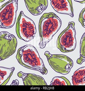 Colorful Artistic Fig Line Drawing Seamless Pattern on Grey Background. Fruit Design Stock Vector