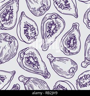 Artistic Fig Purple Line Drawing Seamless Pattern on Grey Background. Hand-drawn Fruit Design Stock Vector