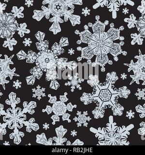 Frosted Window at Night Seamless Pattern with Detailed Snowflakes. Light Blue on Black Stock Vector