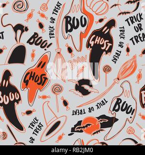 Trick or Treat Halloween Symbols in Black and Orange Seamless Pattern on Grey Background. Ghosts and Bats Stock Vector