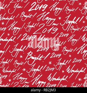 Happy New Year Greetings 2019 Decorative Seamless Pattern on Red for Background, Wallpaper, Wrapping Paper Stock Vector