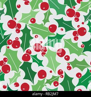 Holly Red Berries Seamless Pattern on Grey Background with Green Leaves Stock Vector