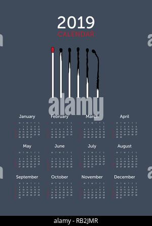 Matchstick Burning Stages. Minimalist 2019 Calendar on Dark Blue Stock Vector