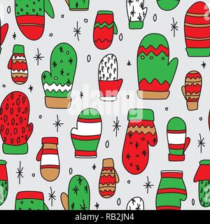 Mittens Drawing Seamless Pattern in Red, Green, Brown for Christmas Time. Winter Time Stock Vector