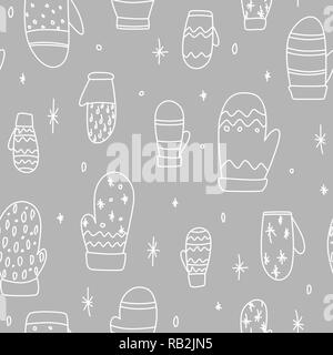 Simple Mittens Drawing Seamless Pattern for Christmas Time. Seasonal Wallpaper on Grey Stock Vector