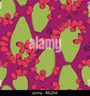 Colorful Opuntia Cactus Plant Line Seamless Pattern on Magenta Background Stock Vector