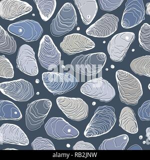 Hand Drawn Seamless Oysters and Pearls Line Pattern on Blue Stock Vector