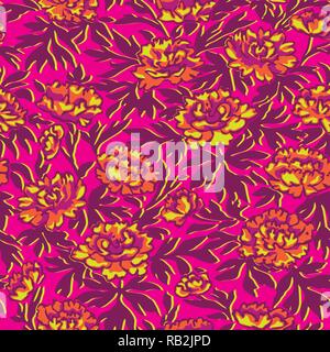 Colorful Hand-drawn Peonies Seamless Pattern on Pink Background Stock Vector