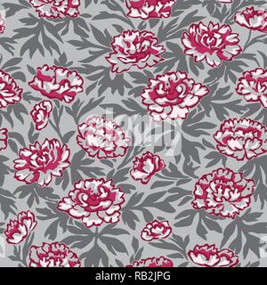 Elegant Hand-drawn Peonies Seamless Pattern on Gray Background Stock Vector