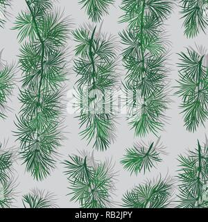 Green Pine Branches Drawing Seamless Pattern on Grey background Stock Vector