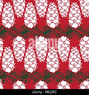 Graphic Pine Cone Drawing Seamless Pattern on Red. Seasonal Pattern Design Stock Vector