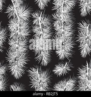 Monochrome Pine Branches Drawing Seamless Pattern on Black Stock Vector