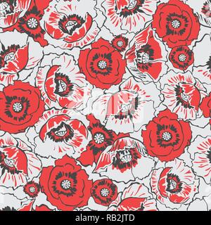 Decorative Red Poppies Flower Meadow Seamless Pattern on Light Grey Background Stock Vector