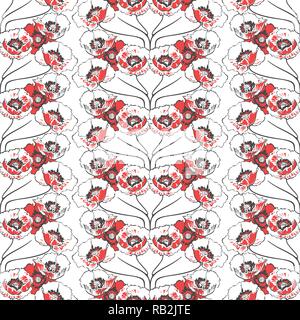 Decorative Red Poppies Flowers in Vertical Lines Seamless Pattern on White Background Stock Vector