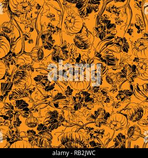 Botanical Pumpkin Field Seamless Pattern. Black Drawing on Orange. Halloween Theme Background Design Stock Vector