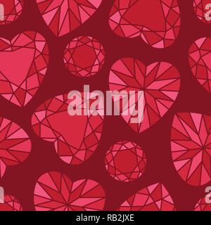 Romantic Red Heart and Round Shaped Diamond Seamless Pattern on Red Stock Vector