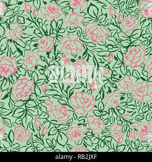 Hand-drawn Pink Roses Seamless Pattern on Green Background. SImple Line Drawing Stock Vector