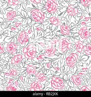 Abstract Hand-drawn Pink Roses Seamless Pattern on White Background Stock Vector
