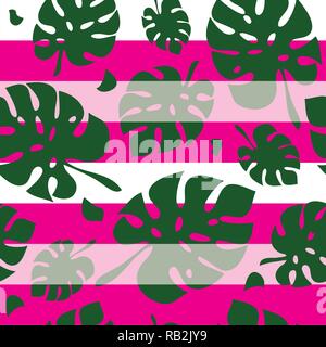 Green Tropical Leaves Seamless Pattern with Pink Stripes Stock Vector