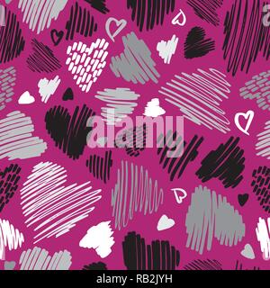 Abstract Hand Drawn Line Hearts Valentines Day Seamless Pattern on Magenta Pink Stock Vector