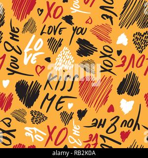 Hand Drawn Valentines Day Seamless Pattern about Love. Kiss Me. Stock Vector