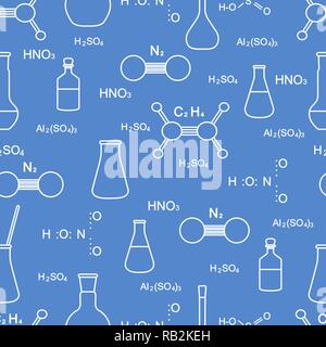 Scientific vector seamless pattern with flasks, beakers, molecule structure and formulas. Education elements. Chemistry, biology, medicine. Stock Vector