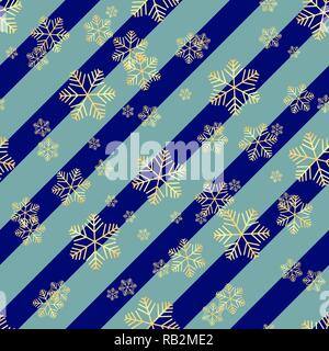 Christmas gold snowflake seamless pattern. Golden snowflakes on blue and white diagonal lines background. Winter snow texture wallpaper. Symbol holida Stock Vector
