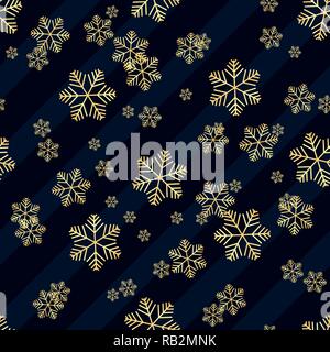Christmas gold snowflake seamless pattern. Golden snowflakes on blue and white diagonal lines background. Winter snow texture wallpaper. Symbol holida Stock Vector