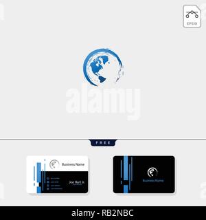 globe with splatter icon or logo template with free business card template design Stock Vector