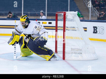 Indiana, USA. 05th Jan, 2019. Michigan goaltender Hayden Lavigne (30) during NCAA Hockey game action between the Michigan Wolverines and the Notre Dame Fighting Irish at Notre Dame Stadium in Indiana. Michigan defeated Notre Dame 4-2. John Mersits/CSM/Alamy Live News Stock Photo