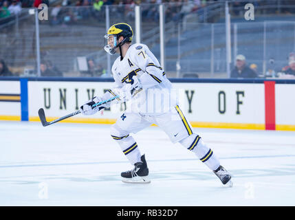 Indiana, USA. 05th Jan, 2019. Michigan defenseman Nicholas Boka (74) during NCAA Hockey game action between the Michigan Wolverines and the Notre Dame Fighting Irish at Notre Dame Stadium in Indiana. Michigan defeated Notre Dame 4-2. John Mersits/CSM/Alamy Live News Stock Photo