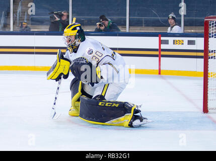 Indiana, USA. 05th Jan, 2019. Michigan goaltender Hayden Lavigne (30) during NCAA Hockey game action between the Michigan Wolverines and the Notre Dame Fighting Irish at Notre Dame Stadium in Indiana. Michigan defeated Notre Dame 4-2. John Mersits/CSM/Alamy Live News Stock Photo